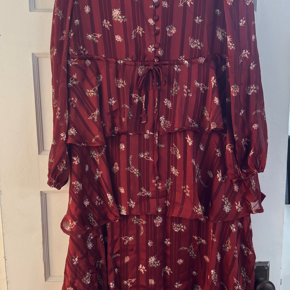 En Saison Red and Pink Ruffled Tiered Dress